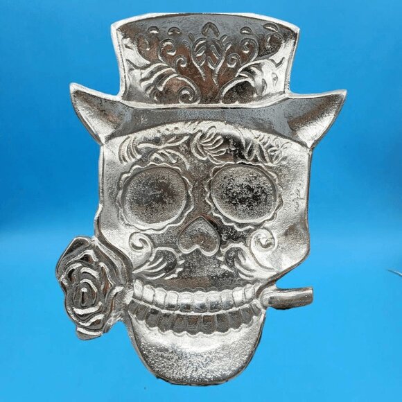 Halloween Skull Silver Cast Metal Dish Top Hat Gothic Rose Serving Dish 9" Candy - Picture 2 of 9